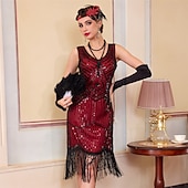 baratos Vestidos dos anos 1920-Roaring 20s 1920s Knee Length Flapper Dress Sleeveless The Great Gatsby Sequins Fringe V Neck Fancy Dress Women's Christmas Carnival speakeasy Masquerade Retro Theme Party Adults' Dress