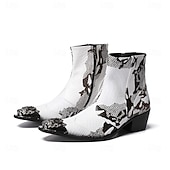 baratos Botas de couro premium-Botas masculinas em couro legítimo preto e branco com estampa exclusiva - calçado moderno para homens antenados em moda e para ocasiões casuais.