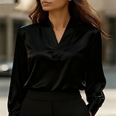 preiswerte Schicke Blusen-Damen Hemd Elegant Satin-Top Bluse Gerafft Patchwork Drapiert Einfach Elegant Vintage Niedlich Langarm V Ausschnitt Normale Oberteile Täglich Arbeit Ferien Schwarz Weiß Rosa Khaki Herbst Winter