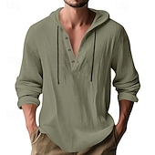 cheap Men's Popover Shirts-Men's Shirt Popover Shirt Summer Shirt Casual Shirt Beach Shirt Black White Yellow Navy Blue khaki Long Sleeve Solid Color Hooded Vacation Casual Drawstring Clothing Apparel Fashion Casual Comfortable