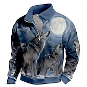 preiswerte Jagdpullover-Herren MOON Wolf Pullover 3D Vintage-Retro Stehkragen Outdoor Arbeit Geschenk Blau 1 Blau 3# Blau 2# Blau Reißverschluss Herbst Winter Designer S M L XL XXL XXXL