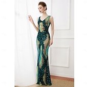 cheap 1920s Dresses-Roaring 20s 1920s Floor Length Dress Evening Dress Party Costume Sleeveless The Great Gatsby Sequin V Neck Fancy Dress Women's Christmas New Year Evening Party Party Wedding Adults Dress