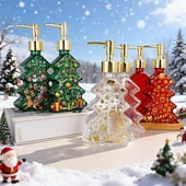 cheap Soap Dispensers-Glass Christmas Tree Hand Pump Dispenser Bottle - 300ml Red/Green Reusable Travel-Sized Soap/Lotion/Cleanser Container with Golden Reindeer Snowflake Design for Kitchen, Bathroom, Office - Durable