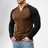 Недорогие основные футболки-Мужская футболка из искусственной замши с длинным рукавом, V-образным вырезом, складками, плиссировкой, осенне-зимняя, винтажная, повседневная, ретро, с рюшами, цветная, для улицы, повседневная,
