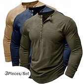 preiswerte Lässiges Henley-T-Shirt-3er-Pack Henley-Shirts für Herren, langärmlig, einfarbig, modisch, lässig, für Alltag und Freizeit, 3er-Pack, Henley-Shirts in Blau, Weiß und Schwarz, ideal für Sommer und Frühling,