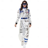  カップル用宇宙飛行士コスチューム ジャンプスーツ カーニバルコスチューム ワンジー マスク付き グループコスチューム 男性用 女性用 シルバー 宇宙服 刺繍パッチ付き