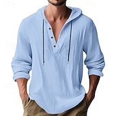 cheap Men's Popover Shirts-Men's Shirt Popover Shirt Summer Shirt Casual Shirt Beach Shirt Black White Yellow Navy Blue khaki Long Sleeve Solid Color Hooded Vacation Casual Drawstring Clothing Apparel Fashion Casual Comfortable