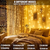 رخيصةأون يعمل بالطاقة الشمسية-أضواء ستارة 10 * 10 قدم 300 LED 8 أوضاع جهاز تحكم عن بعد شمسية أضواء خيط معلقة داخلية وخارجية مقاومة للماء لزينة الأعراس والمهرجانات