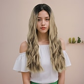 cheap Party Wigs-Synthetic Wig Wavy Curly Weave Middle Part Asymmetrical Deep Parting Machine Made Wig 26 inch Black / Gold Synthetic Hair Women's Classic Comfortable Color Gradient Mixed Color