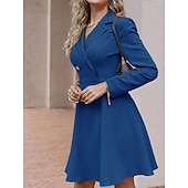 cheap Plain Dress-Women's Midi Dress Blazer Dress Fashion Modern Daily Office Vacation Regular Fit Plain Long Sleeve Deep U Shirt Collar Blue Black Camel Spring Fall Winter
