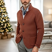 billiga cardigan tröja för män-Herr Tröja Klänning tröja Cardigan Tröja Våffelstruktur Sticka Vanliga toppar Stickat Button-Down Hög krage Klassisk Ledigt Kläder Raglanärm Höst vinter Vår Blå Röd Brun XS S M