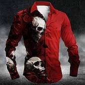 baratos Camisa Vintage-Homens Caveiras Rosa Flores Camisa Social camisa de botão Manga Longa Vintage retrô Estilo gótico escuro Casual Ao ar livre Feriado Primavera Outono Aberto para a Lateral Impressão 3D camisas de
