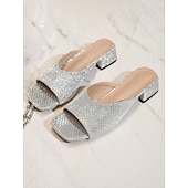 preiswerte Clogs &amp; Pantoletten für Damen-Glitzernde Damen-Pantoletten mit Blockabsatz und offener Zehenpartie – funkelnde Kunstleder-Partyschuhe für trendbewusste Frauen