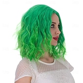  Zielone Peruki Syntetyczna Peruka Kręcona Bob Środkowy Przedziałek Krótka Miętowa Zielona Zielona Moda Zielono-Pomarańczowe Ombre