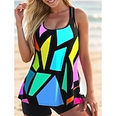 preiswerte Tankinis-Damen Badeanzug Tankini Zweiteilig Shorts Bademode Bauchkontrolle Hohe Taille Schlank Rückenfrei Urlaub Strandbekleidung Ombre Farbblock V Ausschnitt Ärmellos Badeanzüge