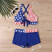 preiswerte Tankinis-Damen Badeanzug Zweiteilig Slips Bademode Rückenfrei Urlaub Strandbekleidung Flagge V Ausschnitt Ärmellos Badeanzüge