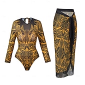 abordables Maillots de bain une pièce-Maillot de bain femme une pièce amincissant avec jupe boho monokini jupe contrôle du ventre taille haute slim sans dos vêtements de plage de vacances graphique colorblock col rond manches longues