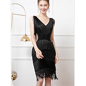 baratos Vestidos dos anos 1920-Roaring 20s 1920s Knee Length Flapper Dress Sleeveless The Great Gatsby Flapper Girl Sequins Fringe V Neck Fancy Dress Women's Christmas Carnival speakeasy Masquerade Retro Theme Party Adults Dress