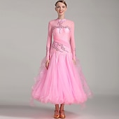 Недорогие Стандартный бальный зал-Женское элегантное платье для бальных танцев бирюзового цвета, украшенное стразами, с высоким воротником, для вальса, танго, румбы, современного танца, для выступлений на соревнованиях