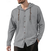 economico Camicie di lino-Per uomo Camicia Camicia di lino Camicia Estiva Camicia da Spiaggia Semplice Vacanza Casuale Nero Bianco Blu marino Cachi Manica Lunga Con Cappuccio Primavera Autunno Abbigliamento Coulisse