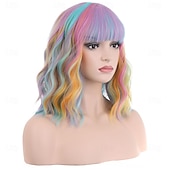 baratos Perucas de Carnaval-Peruca de Carnaval 2026 Rosa Azul Roxo Encaracolado Ondulado Curto Peruca sintética para festivais Mardi Gras Parada Cabelo para fantasia de cosplay para Feminino