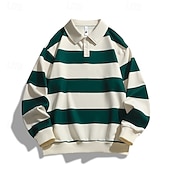 Herren Poloshirts Rugby-Poloshirts Lässig Straße Revers Langarm Basic Modern Horizontale Streifen Knöpfe Frühling Herbst Normale Passform Koffee Marineblau Grün Poloshirts