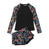 abordables Tankinis-traje de baño de dos piezas para mujer tankini de palmera alta cintura control de abdomen alta cintura sin espalda vacaciones ropa de playa hojas florales cuello redondo de manga larga