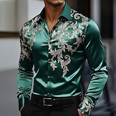 cheap Men's Satin Shirt-Men's Floral Print Ethnic Flowers Shirt Satin Shirt Dress Shirt Long Sleeve Vintage Retro Vacation Dailywear Summer Spring Fall Turndown 3D Print Button Up Shirts Blue Dark Red Dark Green Green