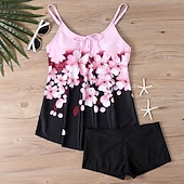 お買い得  タンキニ-女性用 スイムウェア 2ピース ショーツ 水着 バックレス 旅行度假风 ビーチウェア フラワー グラフィック Ｕネック ノースリーブ 水着