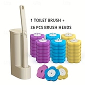 baratos Utensílios de Casa de Banho-Conjunto de escova de vaso sanitário de parede com 37 peças e suporte, inclui 36 cabeças de escova de reposição multicoloridas, escovas descartáveis para limpeza de vaso sanitário e suporte de parede