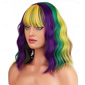 baratos Perucas de Carnaval-Peruca de Carnaval Roxo Verde Amarelo Ondulado Curto Peruca sintética para festivais Mardi Gras Parada Cabelo para fantasia de cosplay para Feminino