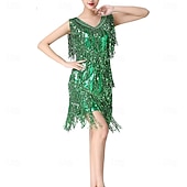 cheap Practice Dresses-Samba Dancewear Women 1920s Dance Dress Sequin Tassel Fringe Flapper Latin Rumba Dress Glitter Salsa Tango Ballroom Dancing Dressesl Performance Costume