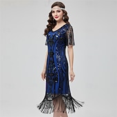 baratos Vestidos dos anos 1920-Loucos anos 20 Anos 20 Até os Joelhos Comprimento Curto Vestido melindroso Ilusão Mangas curtas O Grande Gatsby Convidado do casamento Paetês Lantejoula Decote V Fantasia Mulheres Carnaval Baile de