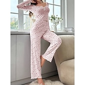billige Søvnoverdeler og -nederdeler for kvinner-Dame Pyjamas Sett Fritid Komfort Blomstret Elastisk midje Bukse Hjem Daglig Langermet U-hals Hvit Gul Rosa Lilla Vår Høst Normal