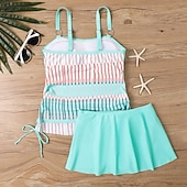 Χαμηλού Κόστους Τανκίνι-Γυναικεία Μαγιό 2 κομμάτι Φούστα Μαγιό Εξώπλατο Διακοπές Ρούχα παραλίας Ριγέ Στρογγυλή Λαιμόκοψη Αμάνικο Μαγιό