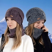 お買い得  温熱コレクション-女性用冬用帽子、アウトドアサイクリング用、フリース裏地付きニット耳あて、スカーフセット、暖かいビーニーとネックウォーマーの2点セット、寒い天候のスポーツ用