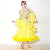economico Abbigliamento da Competizione-Abito da ballo da sala da donna elegante giallo con corpetto decorato con strass, spalle scoperte, abito da competizione per valzer, tango, rumba moderna