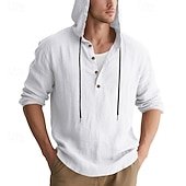 cheap Men's Popover Shirts-Men's Shirt Popover Shirt Summer Shirt Casual Shirt Beach Shirt Black White Yellow Navy Blue khaki Long Sleeve Solid Color Hooded Vacation Casual Drawstring Clothing Apparel Fashion Casual Comfortable