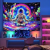 billige Blacklight -billedvev-Blacklight astronaut mediterende galakse rom billedvev neonplaneter kosmisk veggdekor bakgrunn fargerik UV-reaktiv stjerner himmelsk univers romdekor til soverom stue