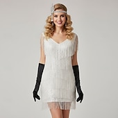 halpa 1920-luvun mekot-Setti Möly 20s 1920-luku Mini Mekot Mekko Asut lisävarusteiden kanssa Hihaton Suuri Gatsby Häävieras Tupsu Yhtenäinen Tupsu V kaula-aukko Naamiaispuku Naisten Karnevaali Ystävänpäivä Naamiaiset
