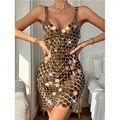 economico Abiti da Pratica-Samba Dancewear Abito Mini Glam Gold Sequin Disc da Donna - Costumi da ballo Bodycon metallici scintillanti  Performance da club