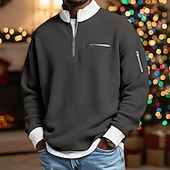 Недорогие Мужские повседневные футболки-Муж. Футболка с вафельным рисунком Футболка Длинный рукав Половина молния Осень Наступила зима Сплошной цвет Традиционный / винтаж На каждый день Цветовые блоки Карман на молнии