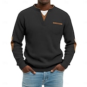 billiga Casual Henley T-shirt-Herr Våffeltröja Waffle Henley Shirt Herrskjortor med armbågslappar Långärmad V-hals Henley Höst vinter Vår &amp; Höst Ensfärgat Mode Grundläggande Ledigt falska två stycken Ledigt Gata Sport Grå Topp
