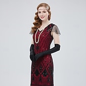 baratos Vestidos dos anos 1920-Conjunto Loucos anos 20 Anos 20 Até o Tornozelo Vestidos Vestido de Festa Roupa com acessórios Mangas curtas O Grande Gatsby Tamanhos Grandes Convidado do casamento Franjas Franjas Decote V Fantasia