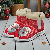 baratos Sapatos de Natal Femininos-Botas femininas natalinas quentinhas com forro de pele e estampa fofa de Papai Noel com gatinho – estilo aconchegante de inverno, sola leve antiderrapante, perfeitas para festas de fim de ano, passeios ao ar livre, uso casual e para presentear no Natal.