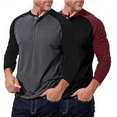 preiswerte Lässiges Henley-T-Shirt-2-teiliges Henley-Shirt für Herren, Baseball-T-Shirt, Kurzarm, Farbblock-Design, Basic, Boho-Stil, Raglanärmel, für Outdoor, Freizeit, Alltag, Sommer, Herbst, alle Jahreszeiten, schwarzes
