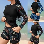 abordables Tankinis-traje de baño de dos piezas para mujer tankini de palmera alta cintura control de abdomen alta cintura sin espalda vacaciones ropa de playa hojas florales cuello redondo de manga larga