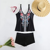 Недорогие Танкини-Жен. Купальники 2 шт. Шорты купальник Открытая спина Отпуск Одежда для пляжа Цветочный принт Графика V-образный вырез Без рукавов Купальники