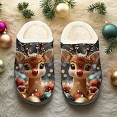 baratos Sapatos de Natal Femininos-Pantufas femininas de Natal com estampa de rena - pantufas macias de pelúcia para uso interno no inverno, com um adorável desenho de rena, calçado quente de lã para a temporada de festas e ótimos