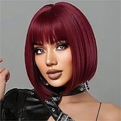 cheap Carnival Wigs-Purple Bob Wig With Bangs 12 Inch Short Synthetic Fiber Bob Wigs for Women Short Bob Wigs and Halloween Cosplay Wig for Daily Life Colorful Wigs With for Carnival Festival Party